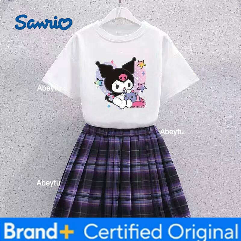 Sanrio Kawaii Kuromi Children T-shirt Pleated Skirt Two Piece Set MINISO Anime Lovely Student Summer Fashion Printing JK Uniform New H260120