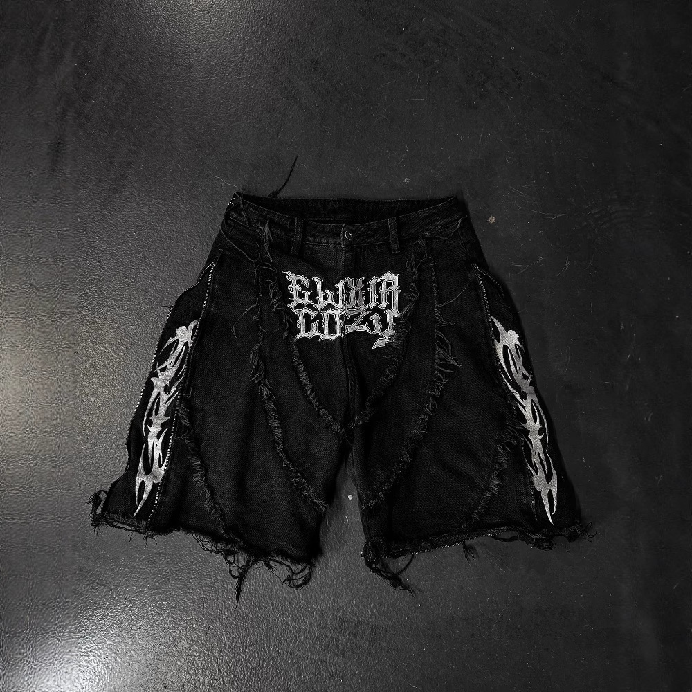 American Y2K Street Style Cozy Zipper Patchwork Detachable Loose Black Jeans Mid-Length Pants