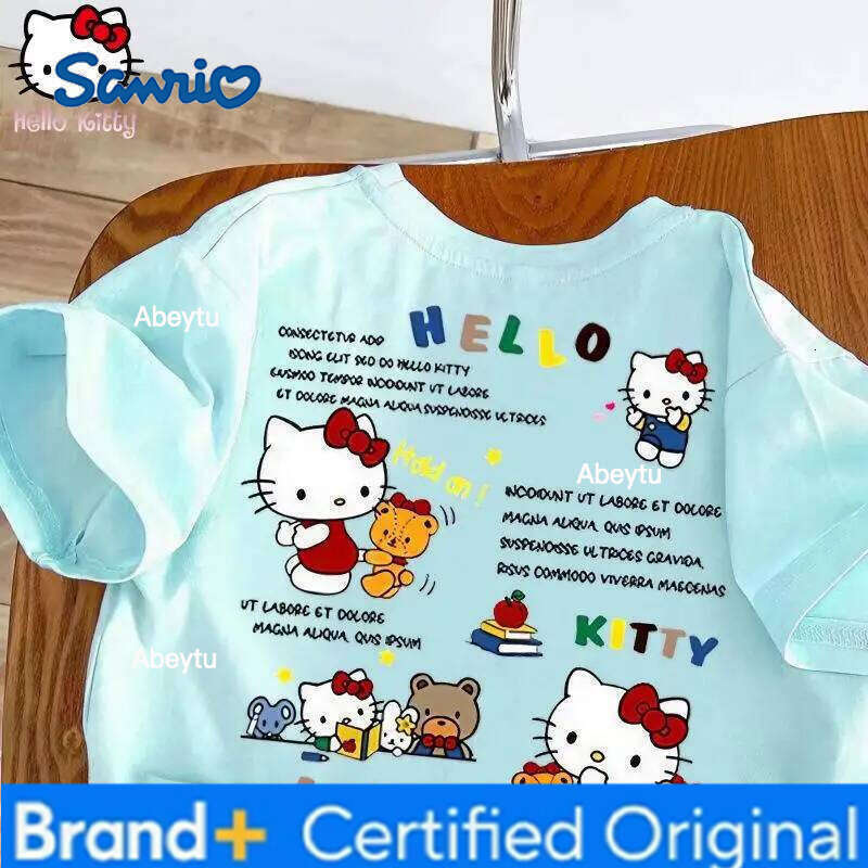 Sanrio Hello Kitty Girls' Summer New Cotton T-shirt anime kawaii Fashion Short Sleeve kids Cartoon Sweet Loose Round Neck Tops H260120