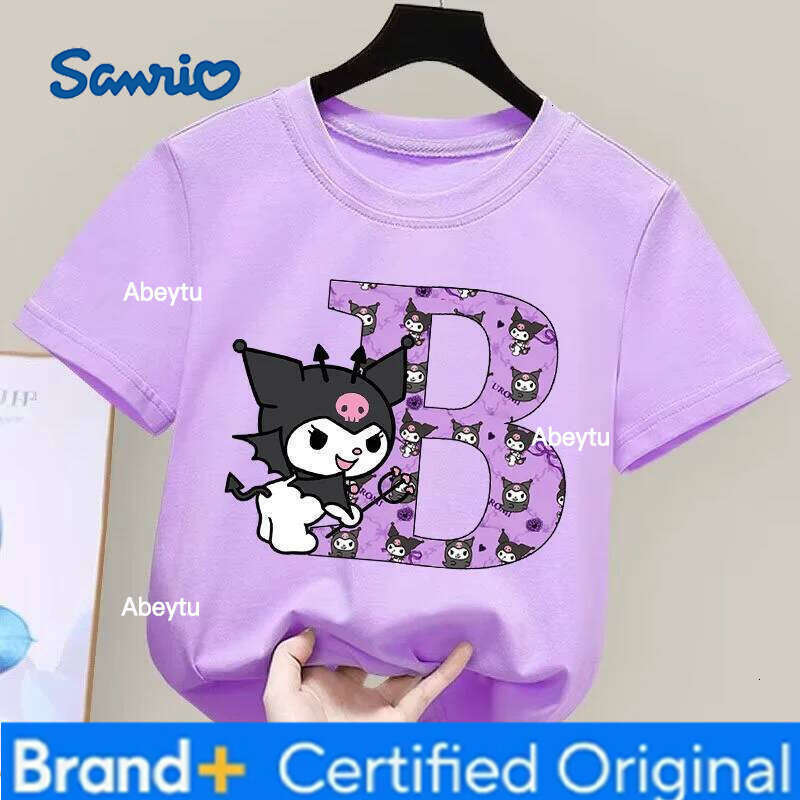 Sanrio Kuromi Children's T-shirt Cute Cartoon Anime Letter A-Z Print Girls Clothes Fashion Kids Toddler Cotton Short Sleeve Tops H2601201