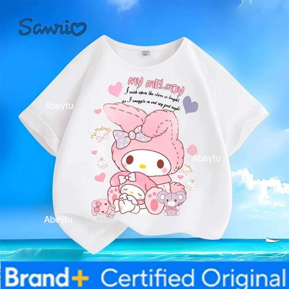 Sanrio Sweet and Cute Melody Printed Summer New Collection Children's Short Sleeve T-shirt Round Neck Versatile Top Girl Clothes H260120