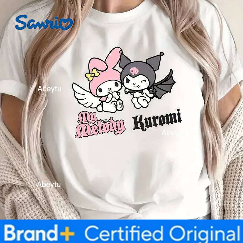 Sanrio New My Melody Kuromi Devil Angel Printed Women's Plus Size T-shirt Cotton Y2K Loose Casual Multi Functional Short Sleeve Top H260120