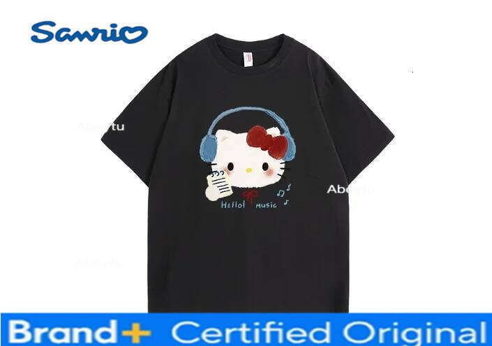Sanrio MINISO New Cartoon Listen to music Hello Kitty Print Short-Sleeve T-Shirt Women Men Couple Tees Hot-selling Clothing H260120