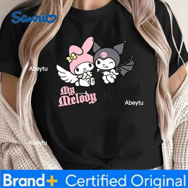Sanrio New My Melody Kuromi Devil Angel Printed Women's Plus Size T-shirt Cotton Y2K Loose Casual Multi Functional Short Sleeve Top H260120