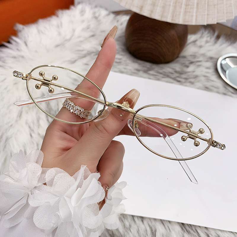 Luxury Brand Designer Sunglasses On Ring Jewelry Series Elegant Pink Diamond Metal Eyeglass Frame Jennie Same Style Silver Small Oval Non-Prescription