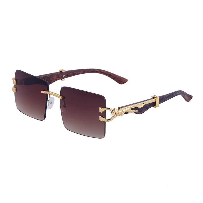 Luxury Brand Designer Sunglasses Vintage Frameless Sunglasses For Women, Personality Leopard Wood Grain Temple Square Frame Sunglasses For Men, Trendy