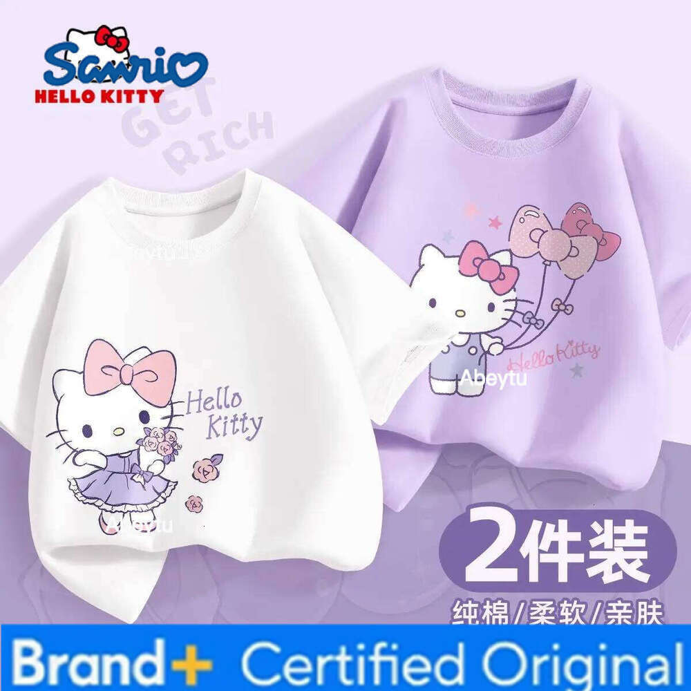 Sanrio 2 Pieces Per Pack Summer Baby Girls 100% Cotton Clothes Kid Children Girl Hello Kitty Printed T-shirts Short Sleeve Top H260120