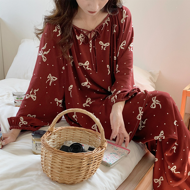 B1350-Elegant Women's Pajama Ensemble: Matching Cherry Patterned Tops and Bottoms with Sleeves