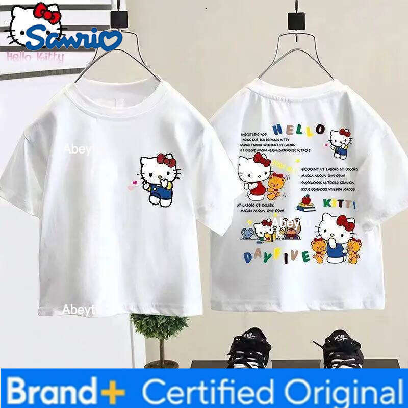 Sanrio Hello Kitty Girls' Summer New Cotton T-shirt anime kawaii Fashion Short Sleeve kids Cartoon Sweet Loose Round Neck Tops H260120