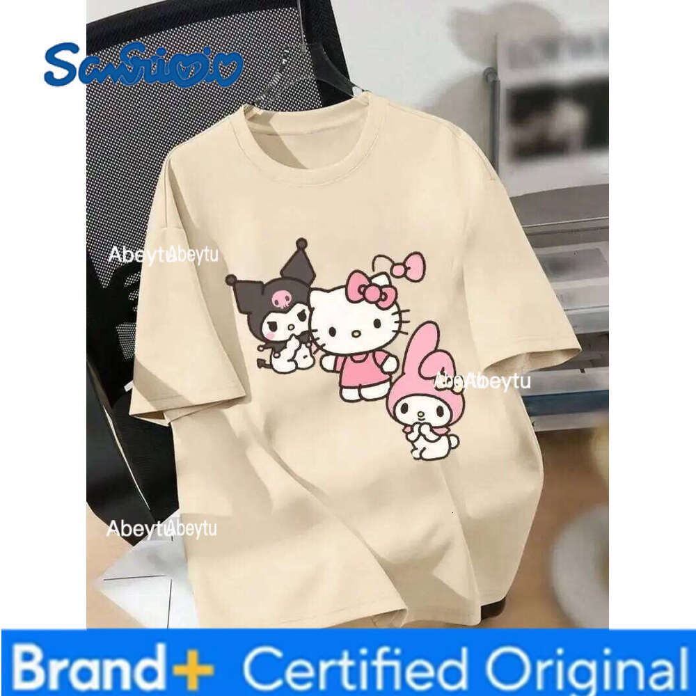 Sanrio Printed Shoulder Down Short Sleeved Round Neck Casual Pure Cotton Comfortable T-Shirt, Spring And Summer Women's Clothing H260120