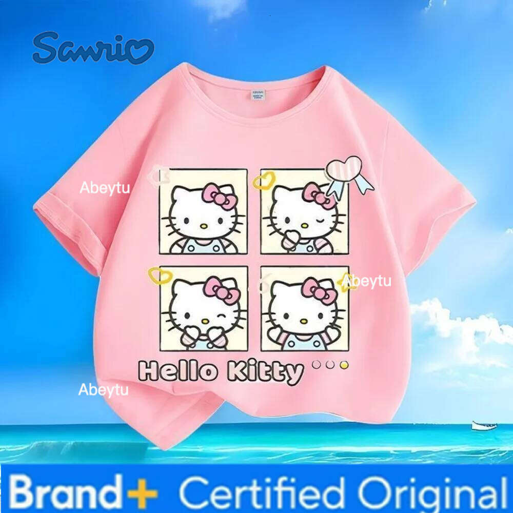 Sanrio New Anime Hello Kitty Print Children's Summer Loose Short Sleeved Round Neck Casual Top T-shirt Comfortable and Skin Friendly H260120