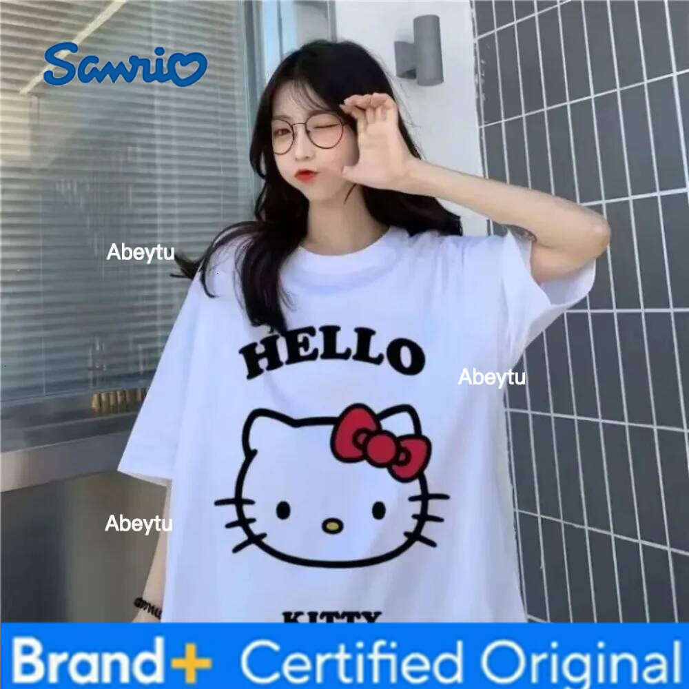 Sanrio MINISO Hello Kitty Cute White T-shirt New Korean Y2K Street Campus Style Women's Oversized Quick-dry Top H260120