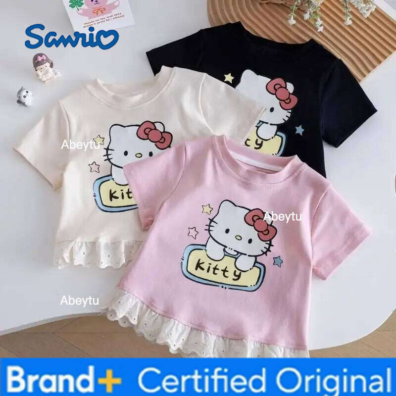 Sanrio Hello Kitty Short Sleeve Blouse with Lace Trim Baby Girls Summer Tee Season Korean Style New Bow Sweet Cute T-Shirt H260120