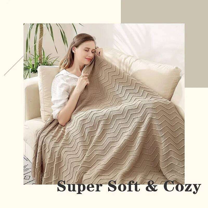 Gift Khaki Wave Blankets Textured Solid Soft Sofa Couch Cover Decorative Cozy Knitted Blanket with tassels W260120