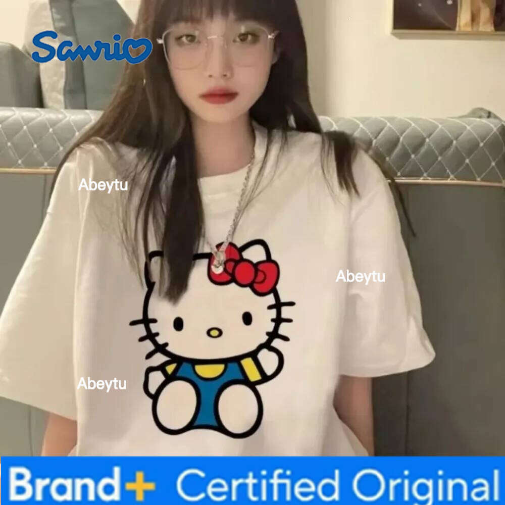 Sanrio MINISO Hello Kitty Cute White T-shirt New Korean Y2K Street Campus Style Women's Oversized Quick-dry Top H260120