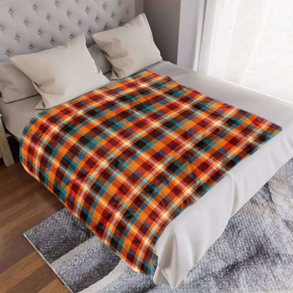 Vibrant Plaid Throw Blanket - Seamless Repeating Pattern with Orange, Red, Blue, Black White Grid, Soft & Cosy for Home Dec W260120