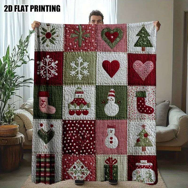 1pc Festive Christmas Quilt Squares Print Flannel Throw Blanket - Cozy Holiday Design with Santa Hats Hearts and Snowflakes W260120