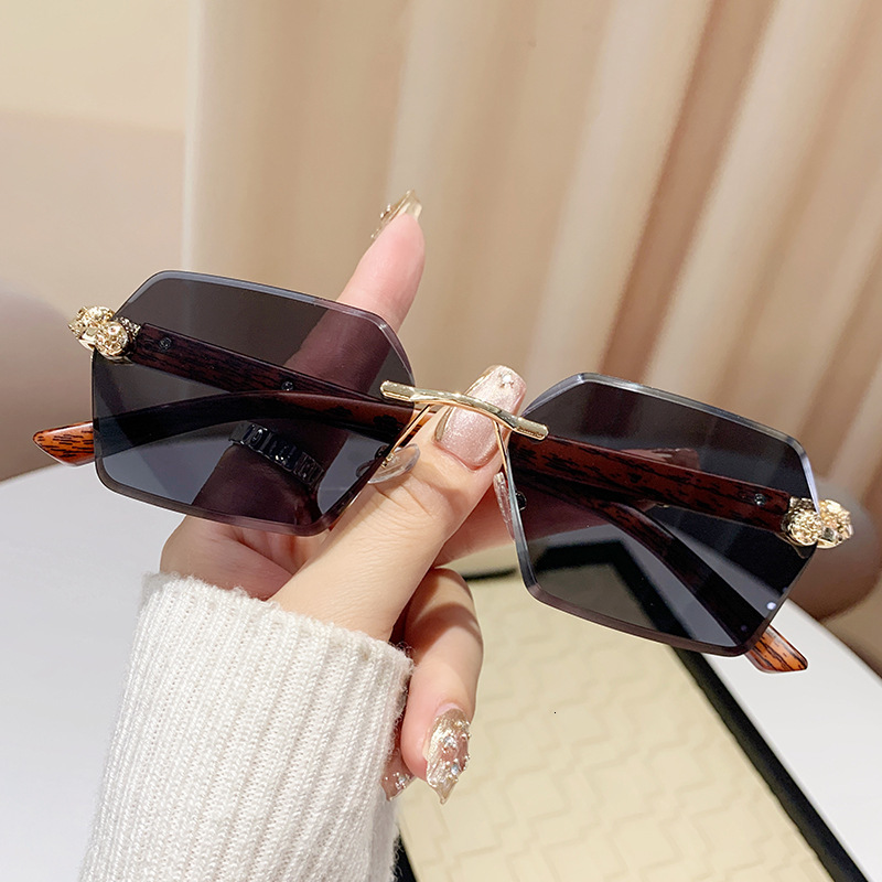 Luxury Brand Designer Sunglasses Frameless Polygonal Leopard Wood Grain Temple Sunglasses European And American Retro Sunglasses Ins Internet Celebrit