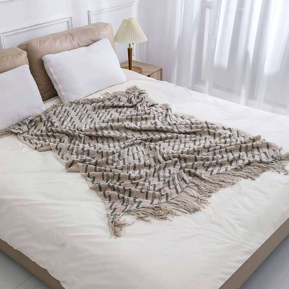 100% Acrylic Khaki Knitted with Tassel Gift Bed Sofa Travel Breathable Chic Bohemian Soft Comfortable Blanket W260120