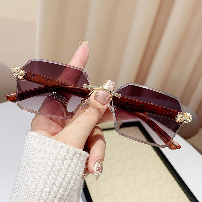 Luxury Brand Designer Sunglasses Frameless Polygonal Leopard Wood Grain Temple Sunglasses European And American Retro Sunglasses Ins Internet Celebrit