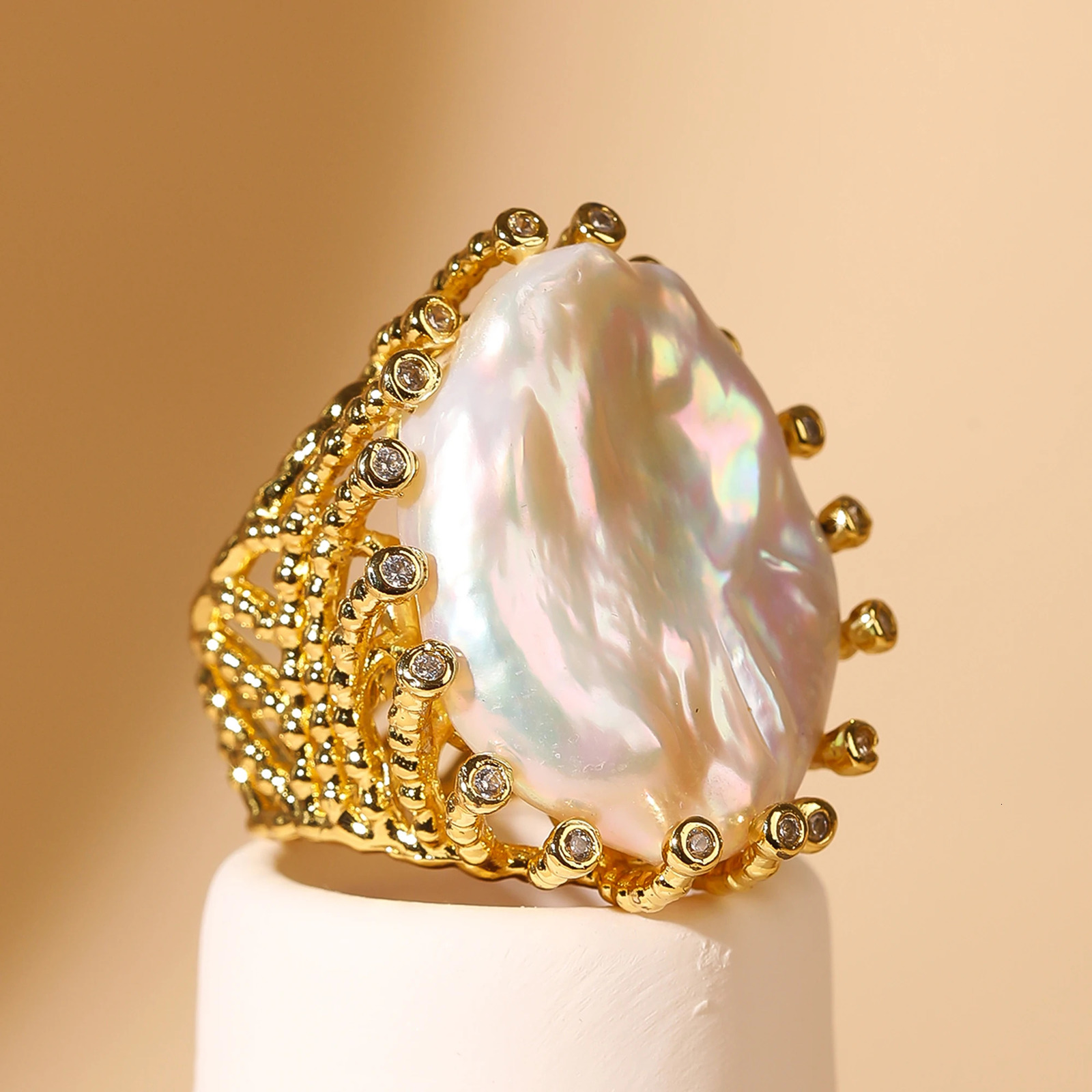 Resizable Natural Freshwater White Coin Pearl Ring Zirconia Party Anniversary Jewelry for Women Lady Gift 260119