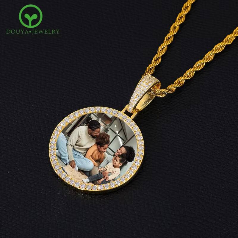 S925 Silver Inlaid Moissanite 36mm Round Photo Pendant Necklace for Man Woman