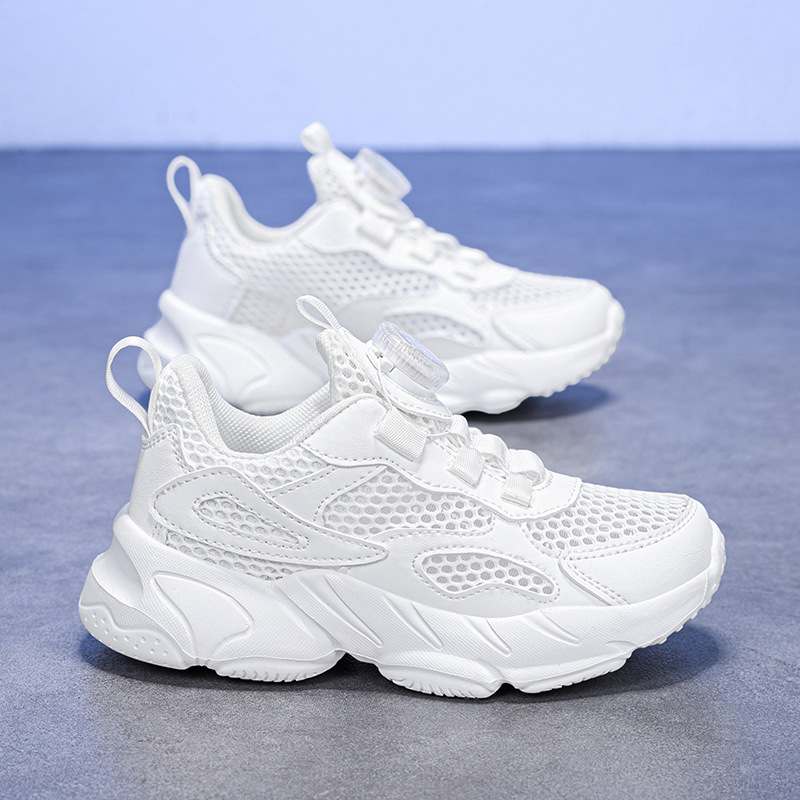 Girls' white sneakers, boys' spring-autumn mesh breathable large-sized children's soft-soled white sports shoes, breathable and comfort
