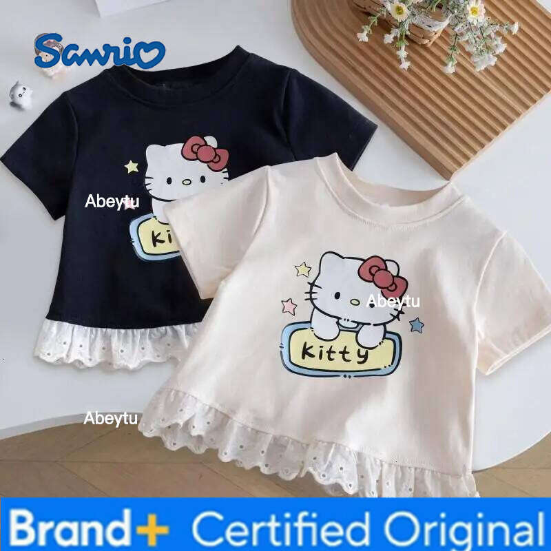 Sanrio Hello Kitty Short Sleeve Blouse with Lace Trim Baby Girls Summer Tee Season Korean Style New Bow Sweet Cute T-Shirt H260120