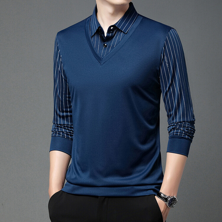 2024 Men's Long Sleeve T-shirt, Spring and Autumn Thin Layered Two-piece Top, Middle-aged Men's Shirt Collar Striped Underwear Shirt for Men