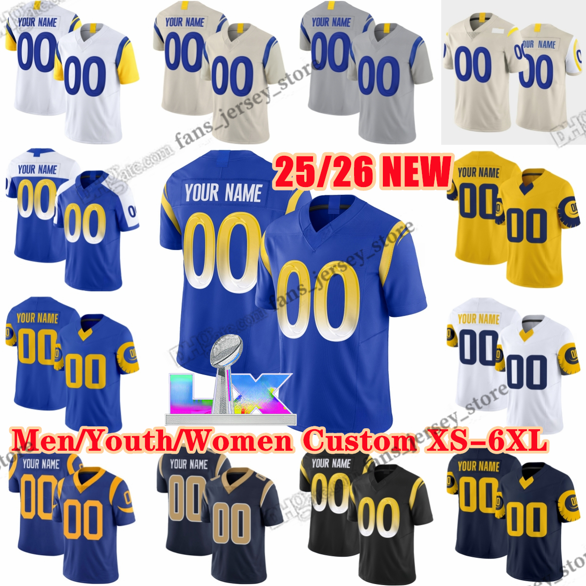 Custom S-6XL DIY 2026 SuperBowl LX Football 9 Matthew Stafford Jerseys 8 Jared Verse 23 Kyren Williams 17 Puka Nacua 56 Christian Rozeboom 55 Braden Fiske Aaron Kupp