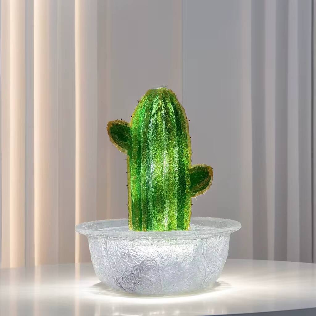 Vivid white LED Warm Light Cactus Transparent Resin Tabletop Water Fountain with USB Cable