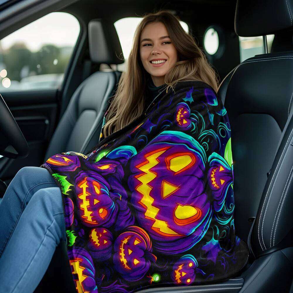 Halloween pumpkin spooky haunted night party blanket purple jack o lanterns glow in dark festive seasonal decoration W260120