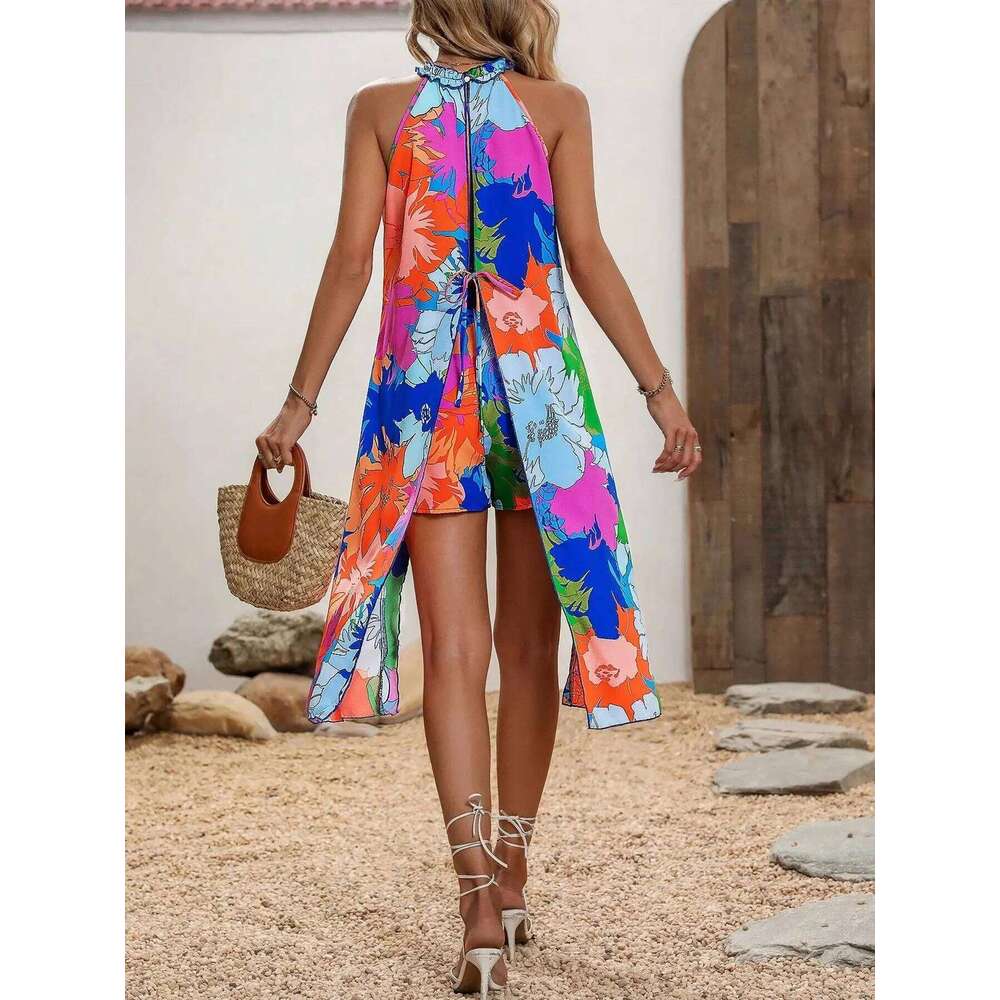 Two-Piece Set Women's Floral Print Tie Shoulder Cami Shorts, Boho Sleeveless Top & Shorts for Beach Holiday Vacation, Ladi