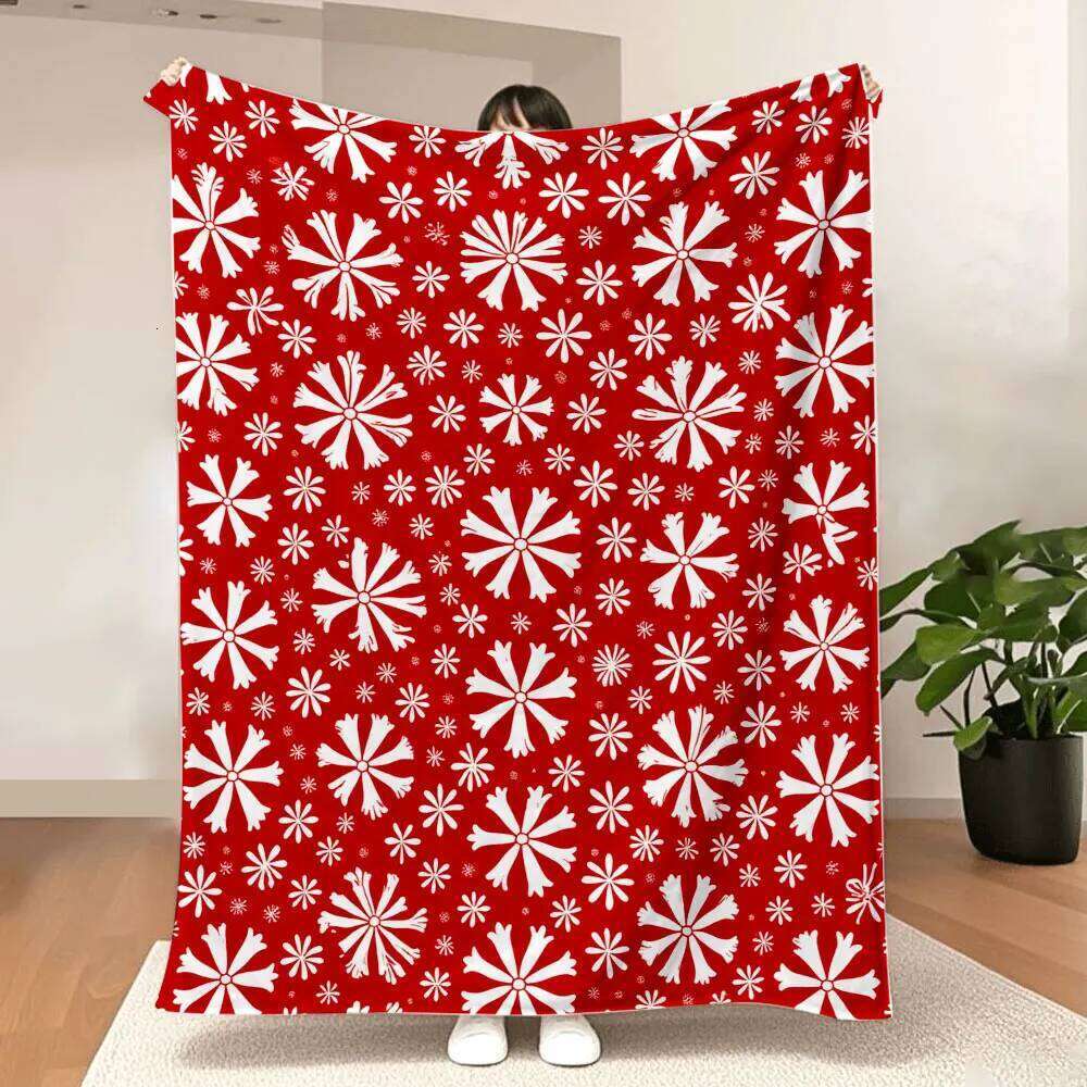 Red Festive Snowflake Pattern Blanket - Stylized White Snowflakes & Circular Motifs, Dense Uniform Design for Cozy Winter Hol W260120