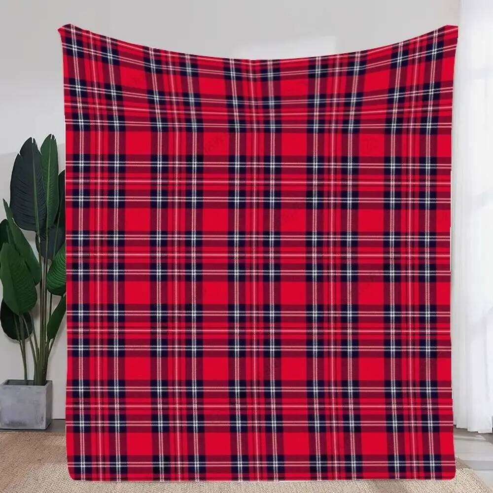 Classic Red Plaid Blanket - Cozy Throw with Black White Grid Design, Perfect for Home Decor, Soft and Warm Fleece Fabric, Id W260120