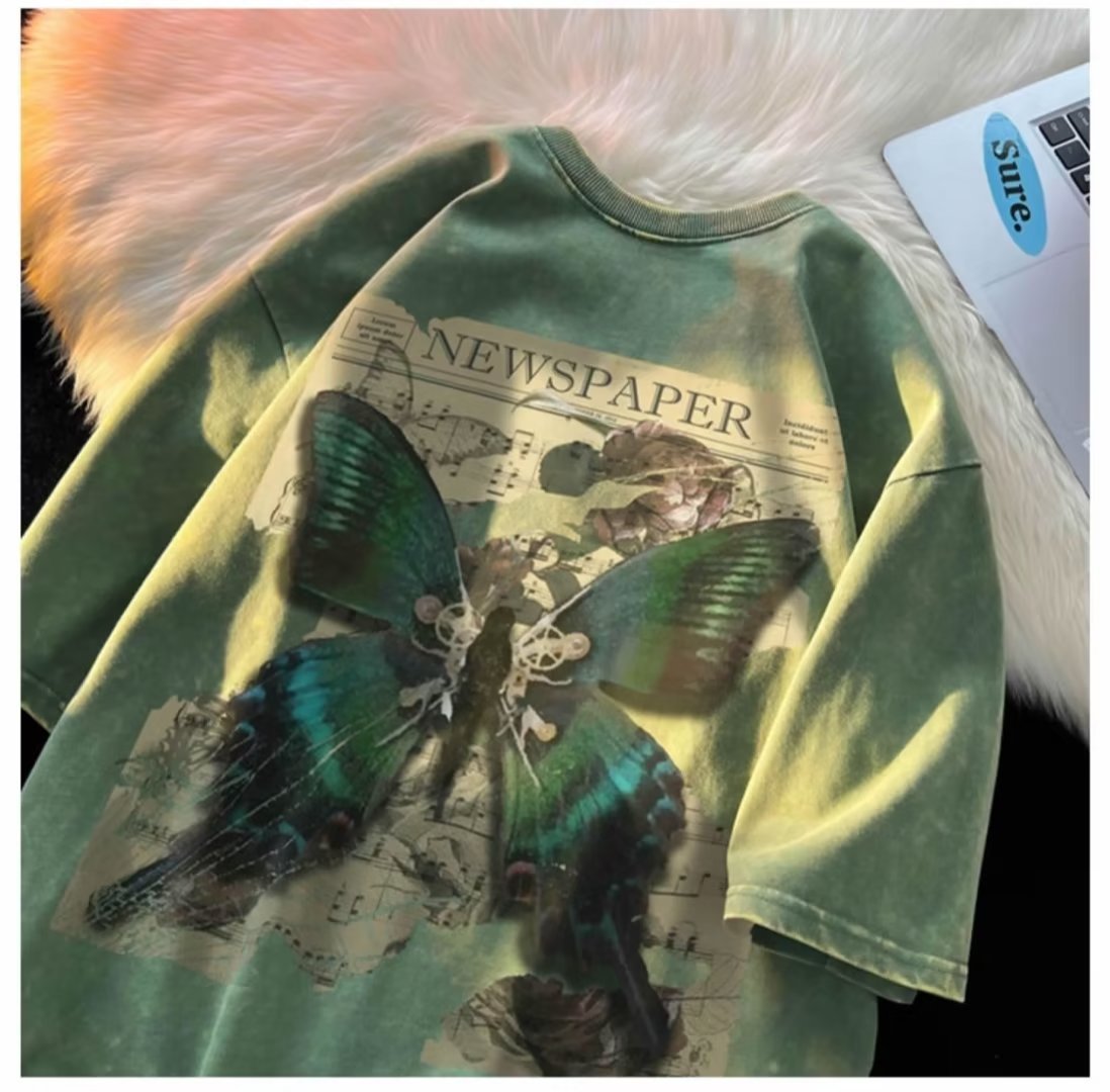 Butterfly Vintage Washed Distressed T-Shirt Unisex Niche Designer Streetwear Wholesale