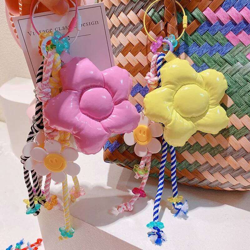 Handmade Macaron Big Flower Keychain Sweet Pendant Nylon Braided Rope Fashionable Charm Colorful Bag Pendants H260120