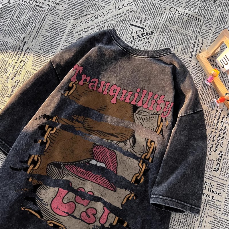 American Casual Vintage Versatile INS Streetwear Washed Distressed Rose Print Cotton Short-Sleeve T-Shirt for Men