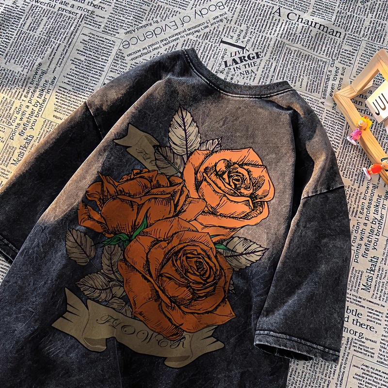 American Casual Vintage Versatile INS Streetwear Washed Distressed Rose Print Cotton Short-Sleeve T-Shirt for Men
