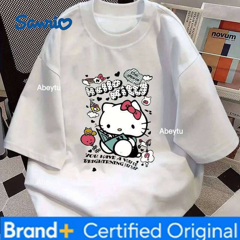 Sanrio 2025 New Women's Plus Size Hello Kitty Pattern Casual Multifunctional Loose Short Sleeved Cotton Top Y2K T-shirt H260120