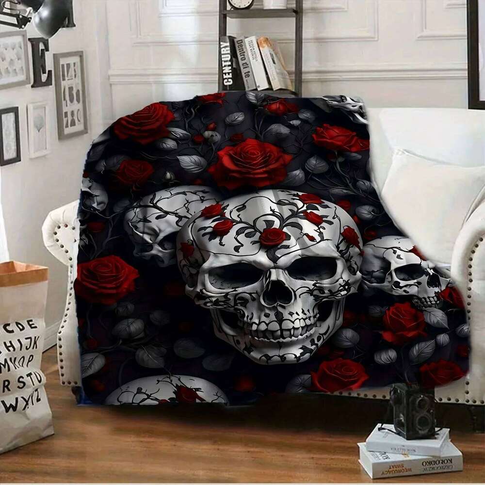 VIKAMA Dark Skeleton Rose Flannel Gothic Style Living Room Sofa Blanket Lunch Break Holiday Decoration Essential W260120