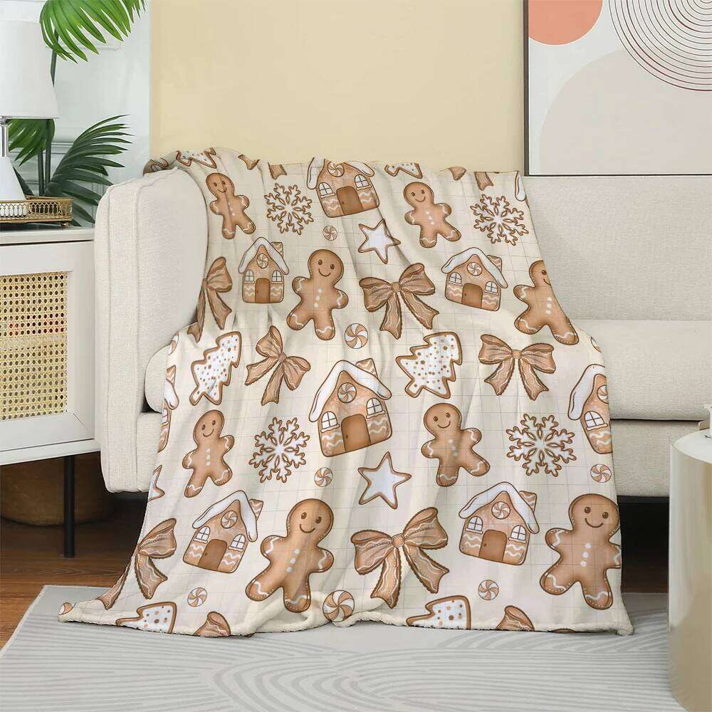 Christmas Gingerbread Man & Cookie Pattern Fleece Cozy Throw for Couch Bed Blanket with Gingerbreadfor Home Gift W260120