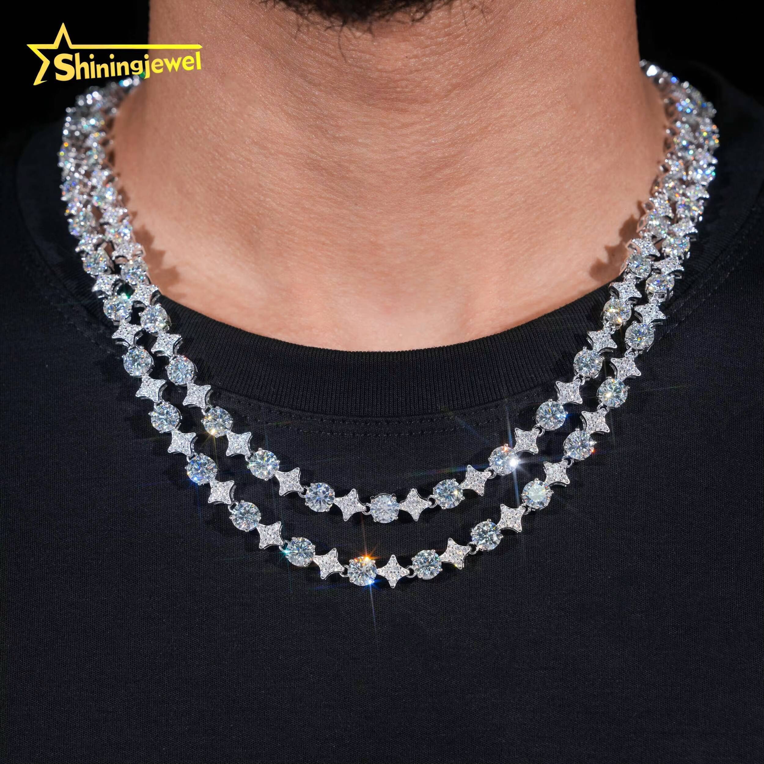 Iced Out Star Shape Tennis Chain 925 Silver Moissanite Bracelet 8mm Tennis Necklace Pass Diamond Tester Moissanite Necklace