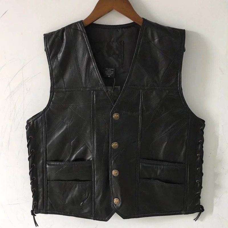 Mens Side Laces Adjustable Black Leather Motorcycle Vest Biker Vests Soft Sheepskin 260109