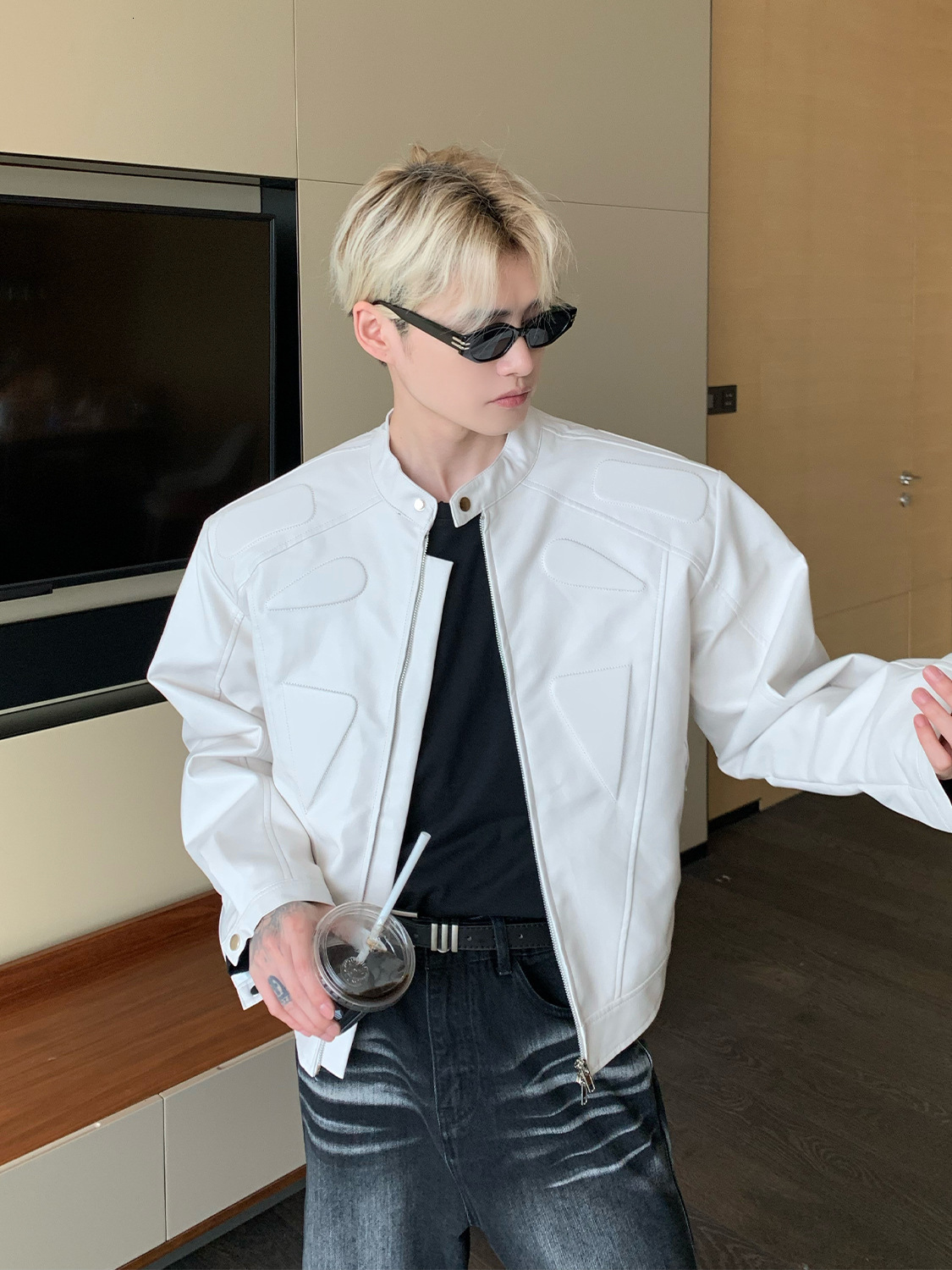 Y2k Vintage Reaven Anthem Leather Jacket Black Loose Geometry Pattern Embroidery Bomber Zip Up Jackets Coat Punk Men Clothing 250219