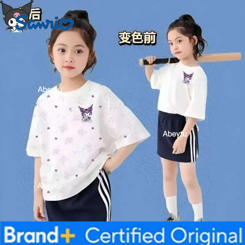 Sanrio Kuromi Kawaii Anime Girls T Shirt Cartoon Round Neck Short Sleeve Summer New Style Stylish Sweet Soft Comfortable Cotton H260120