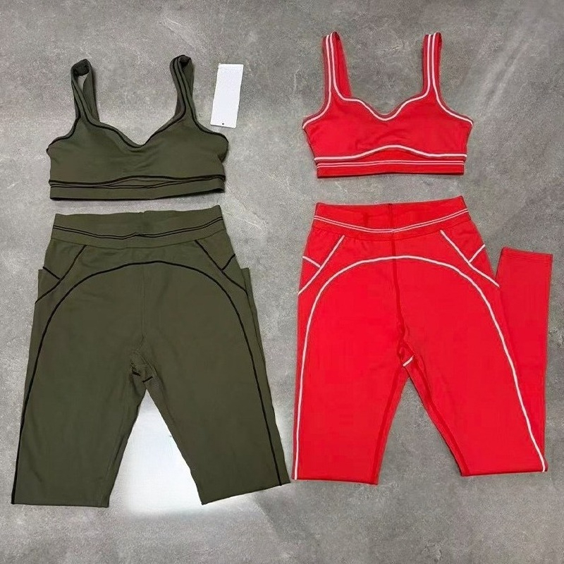 Designer Yoga Set Women 2 Pieces Red Sports Bra+Leggings Gym Set Pilates Fitness Gym Wear Sweatsuit Workout Suits Seamless Tennis Shirt Set Girls Outfit