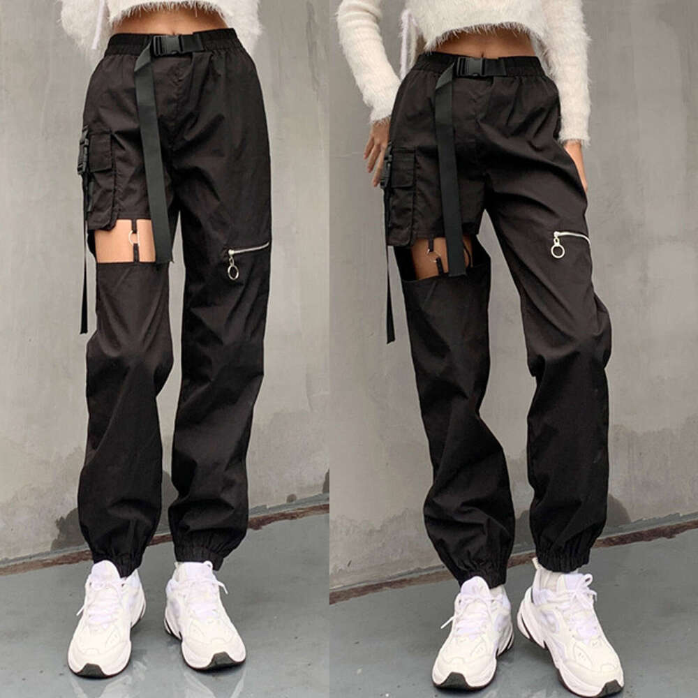 Women's hollow-out punk cargo pants with belt buckle, high-waisted zipper pants J260120