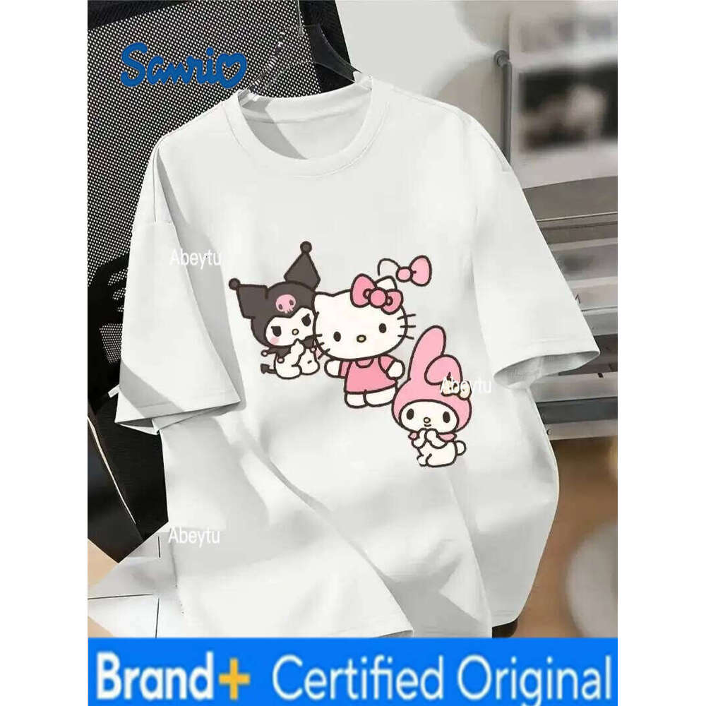 Sanrio Printed Shoulder Down Short Sleeved Round Neck Casual Pure Cotton Comfortable T-Shirt, Spring And Summer Women's Clothing H260120