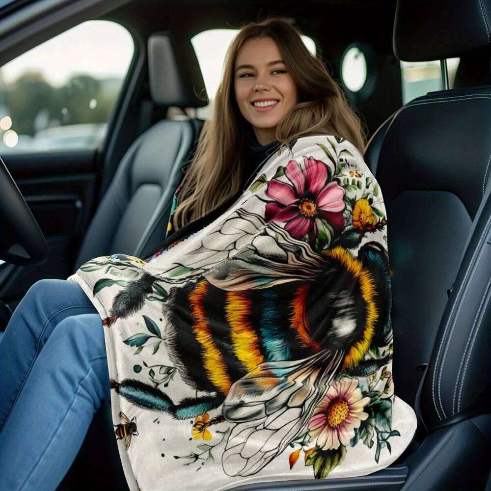 1pc Ultra Soft Lightweight Flannel Blanket with Vibrant Bee & Floral Design Cozy Warm Throw for Camping, Travel, Home Decor - W260120